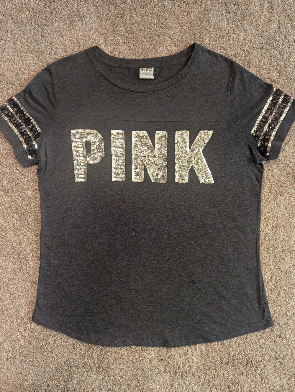 Women's PINK Victoria's Secret Charcoal Tee with Silver Sequin Logo Size L